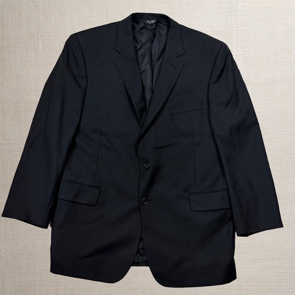 Jos A Bank 46R Sport Coat 100% Wool Suit Black Pin Stripe Double Vented EUC